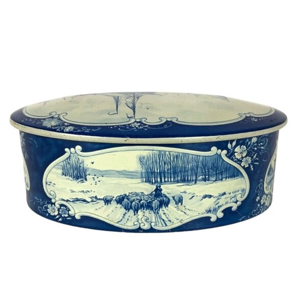 Vintage Droste Haarlem Holland Empty Tin Container Oval Blue White Designs - Picture 4 of 8
